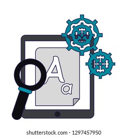 tablet with document and magnifying glass with gears blue lines