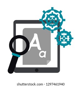 tablet with document and magnifying glass with gears