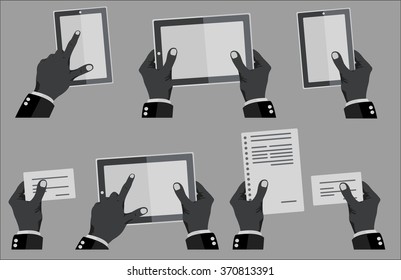 The tablet, documents, business card in hand, flat design, stylish