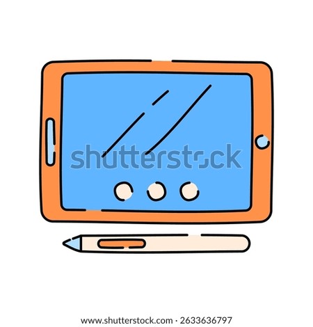 Tablet Doodle style, tablet device with stylus, great for mobile tech illustrations, digital work visuals, and modern interfaces.