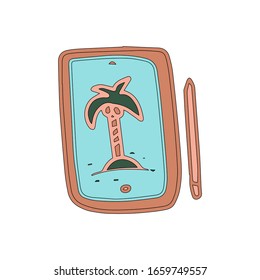 Tablet for drawing with a pencil or eBook in cartoon style isolated on white background. Sign icon. Vector simple illustration. Usable as icon or symbol. Decoration element. Hand drawn black sketch.