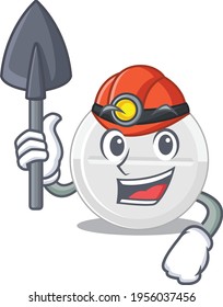 Tablet drug cartoon image design as a miner with tool and helmet. Vector illustration