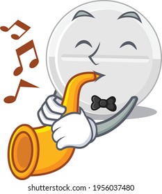 Tablet drug musician of cartoon picture playing a trumpet on stage. Vector illustration