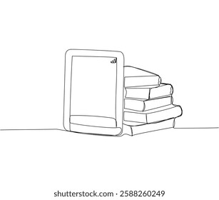 Tablet, e-book and books, textbooks one line art. Continuous line drawing of online learning, student life, knowledge, school, education.