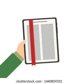 tablet e-book in hand in flat style, vector