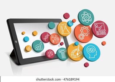 Tablet with educational icons, technology background, vector illustration