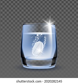 Tablet Effervescent Soluble In Water Glass Vector. Influenza Treatment Medicine Tablet Drug Dose In Healthcare Natural Liquid Cup. Flu Disease Treat And Painkilling Template Realistic 3d Illustration