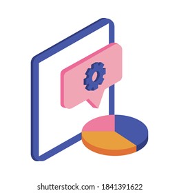 tablet electronic with statistics pie and gear in speech bubble vector illustration design