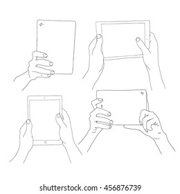 Tablet With Empty Screen In Hands. Hand Drawn Illustration For Your Design.