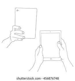 Tablet with empty screen in hands. Hand drawn illustration for your design.