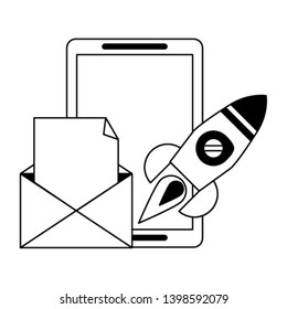 tablet with envelope and rocket in black and white
