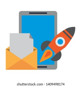 tablet with envelope and rocket icon cartoon vector illustration graphic design