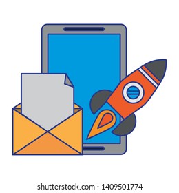 tablet with envelope and rocket icon cartoon vector illustration graphic design