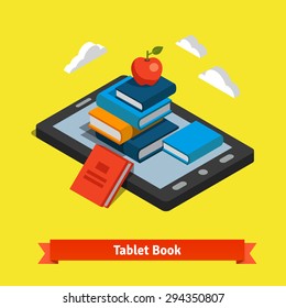 Tablet e-reader book reading and modern cloud technology mobile education concept. Flat style vector isolated illustration.