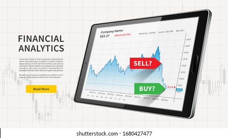 Tablet with falling stock trade graph and signals web banner. Financial analytics vector illustration. Stock exchange market chart with buy and sell signals graphic design concept.
 svg