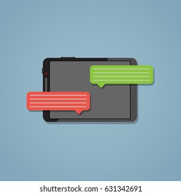Tablet with fast text messages in the flat style. Text cloud. Messaging concept.