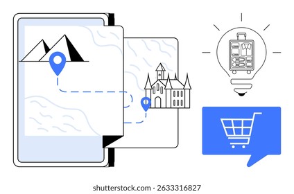 Tablet featuring a digital map with location pin, mountain, and castle. Includes icons of a shopping cart, lightbulb with luggage. Ideal for travel technology, trip planning, e-commerce, creativity