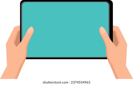 
Una tableta en manos hembras con una pantalla azul en la que se puede colocar el texto. Elemento vectorial de estilo plano.