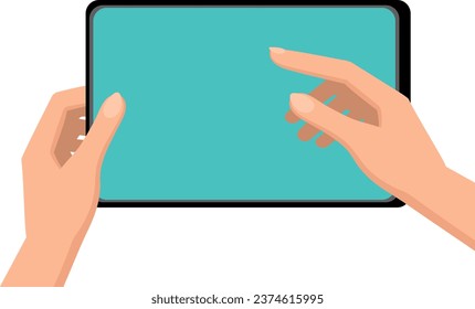 A tablet in female hands with a blue screen on which you can place your text. 