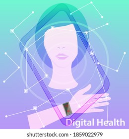 Tablet, female image, hand. Digital Health. Modern and future technologies. Mobile app. Medical banner, web design, presentation. Illustration, vector.