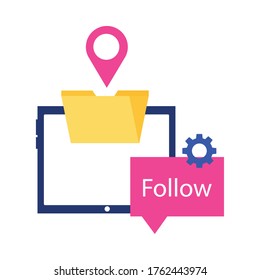 Tablette mit Datei- und GPS-Markendesign, Digital-Marketing und E-Commerce-Thema Vektorgrafik