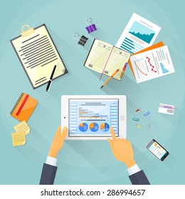 Tablet Finance Chart Business Man Hand Touch Screen Finger, Businessman Documents Office Desk Businessman Flat Vector Illustration