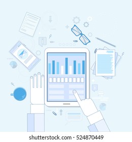 Tablet Finance Chart Business Man Hand Touch Screen Finger, Documents Office Desk Vector Illustration