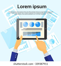 Tablet Finance Chart Hand Touch Screen Finger Flat Vector Illustration