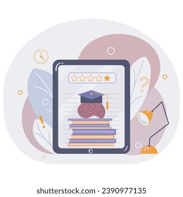 Tablet with a five-star rating, a stack of books and a brain in a graduation cap. The concept of an illustration on education and a healthy brain
