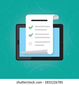 Tablet flat design vector illustration. Mobile PAD computer screen with to-do list document template, mark checkbox, online voting or completed questionnaire. Polls on Internet. User agreement.