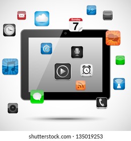 Tablet with Floating Apps - Vector tablet with app icons floating around it.  Eps10 file with transparency.