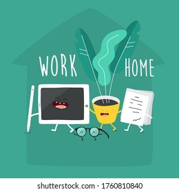 tablet flower pot glasses notes call to work from home. Vector illustration.