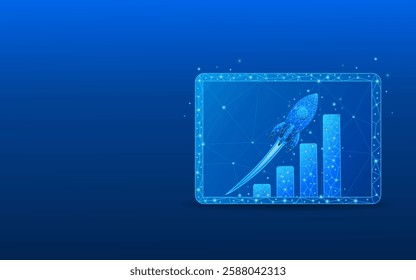 Tablet in foreground showing abstract rocket powered graph. Stock market concept in futuristic light blue holographic style