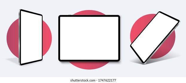 Tablet frame less blank screen, rotated position. Tablet from different angles. Mockup generic device set. . UI/UX  Template for infographics or presentation 3D realistic graphics tablet.