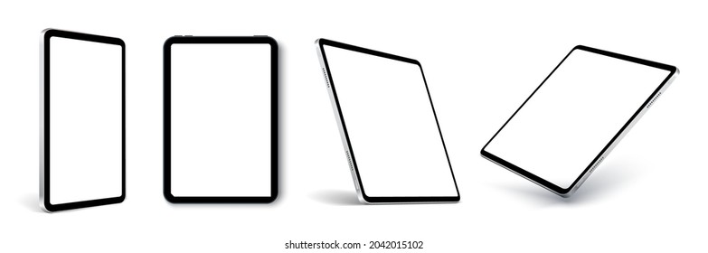 Tablet frame less blank screen, rotated position. Tablet from different angles. Mockup generic device set. UI, UX Template for infographics or presentation 3D realistic graphics tablet.
