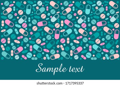 Tablet frame. Medicine Background made from pills and capsules.  Free space for text. Empty copy space. Horizontal banner. Image for pharmaceutical industry. Simple icon for websites, web design. 