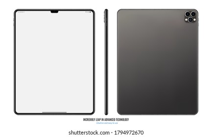 tablet frameless grey color with blank touch screen saver isolated on white background. realistic and detailed device mockup. stock vector illustration