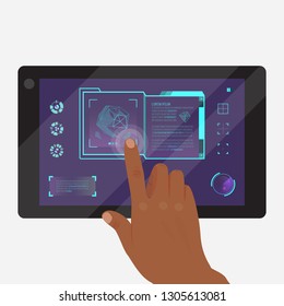 Tablet with futuristic game or application vector illustration. Doing researches banner, poster. Touching icons on screen. Getting information about environment. Map sign.