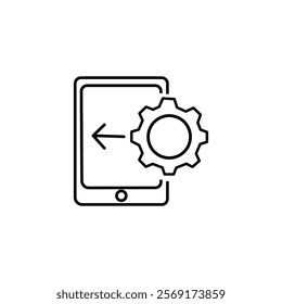 Tablet with gear vector modern icon in outline style. Mobile application building concept sign on dark background
