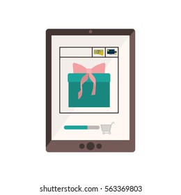 tablet with gift in shopping cart