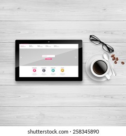 Tablet, glasses and coffee cup on white wood table. Vector Eps 10. Photorealistic illustration. 