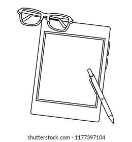 Tablet and glasses with pen in black and white