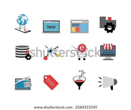 tablet with globe, Html Colored Vector Illustration, Web Layout Icon, File Settings Icon, Database Icon, Chemical bonding connecting network, e Shopping cart, Binary, mail, Tag, Filter, megaphone icon