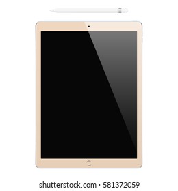 tablet gold color with black touch screen and stylus top view isolated on white background. realistic and detailed device mockup. stock vector illustration