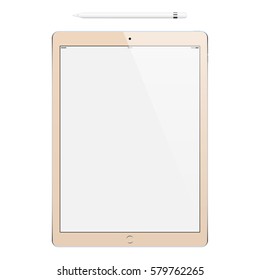 tablet gold color with blank touch screen and stylus top view isolated on white background. realistic and detailed device mockup. stock vector illustration