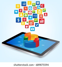 Tablet with Graph Chart and financial icon. Concept for business, graph statistics, data analysis, financial research report, market stats.