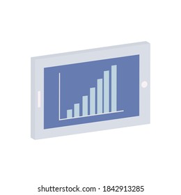 tablet with graphic bar chart over white background, flat style, vector illustration