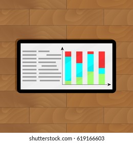 Tablet with graphic and chart. Statistical infographic on display, vector illustration