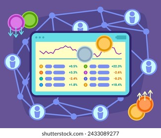 Tableta con gráficos del mercado de valores con criptomonedas y flechas arriba y abajo. Ilustración vectorial. Vista superior. Concepto de trading móvil de criptomonedas
