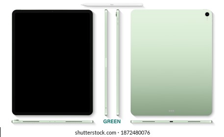 tablet green color with black touch screen saver and stylus top view isolated on white background. flat lay mockup of realistic and detailed device. stock vector illustration